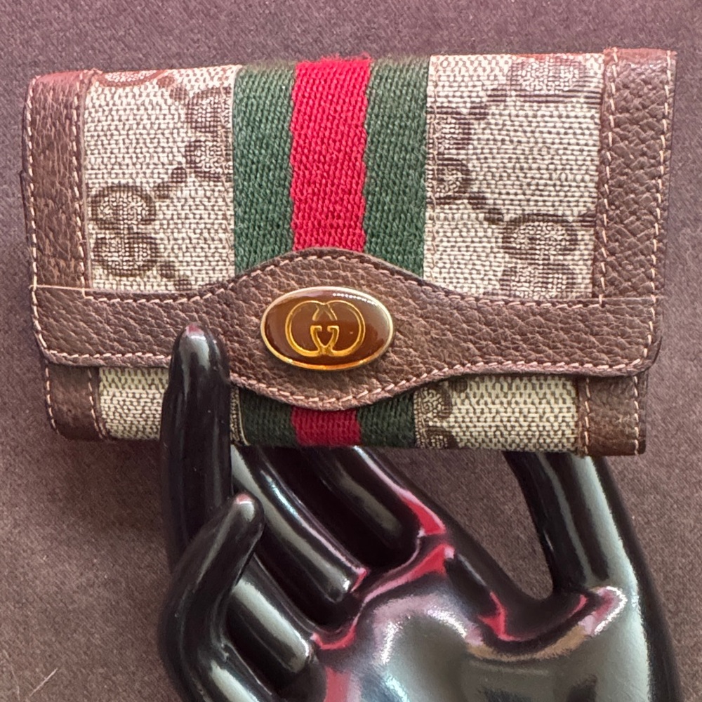 Gucci Beige and Brown Key Holder Wallet with Red and Green Accent